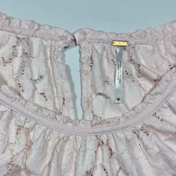 Free People Pink Lace Blouse Top Sz M Sheer Floral Lace Scallop Hem Boho - Picture 3 of 5